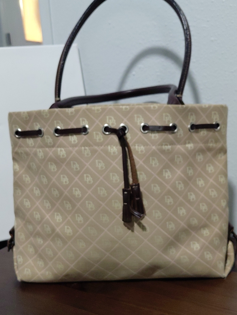 Designer-Style Beige Tote Bag with Brown Trim